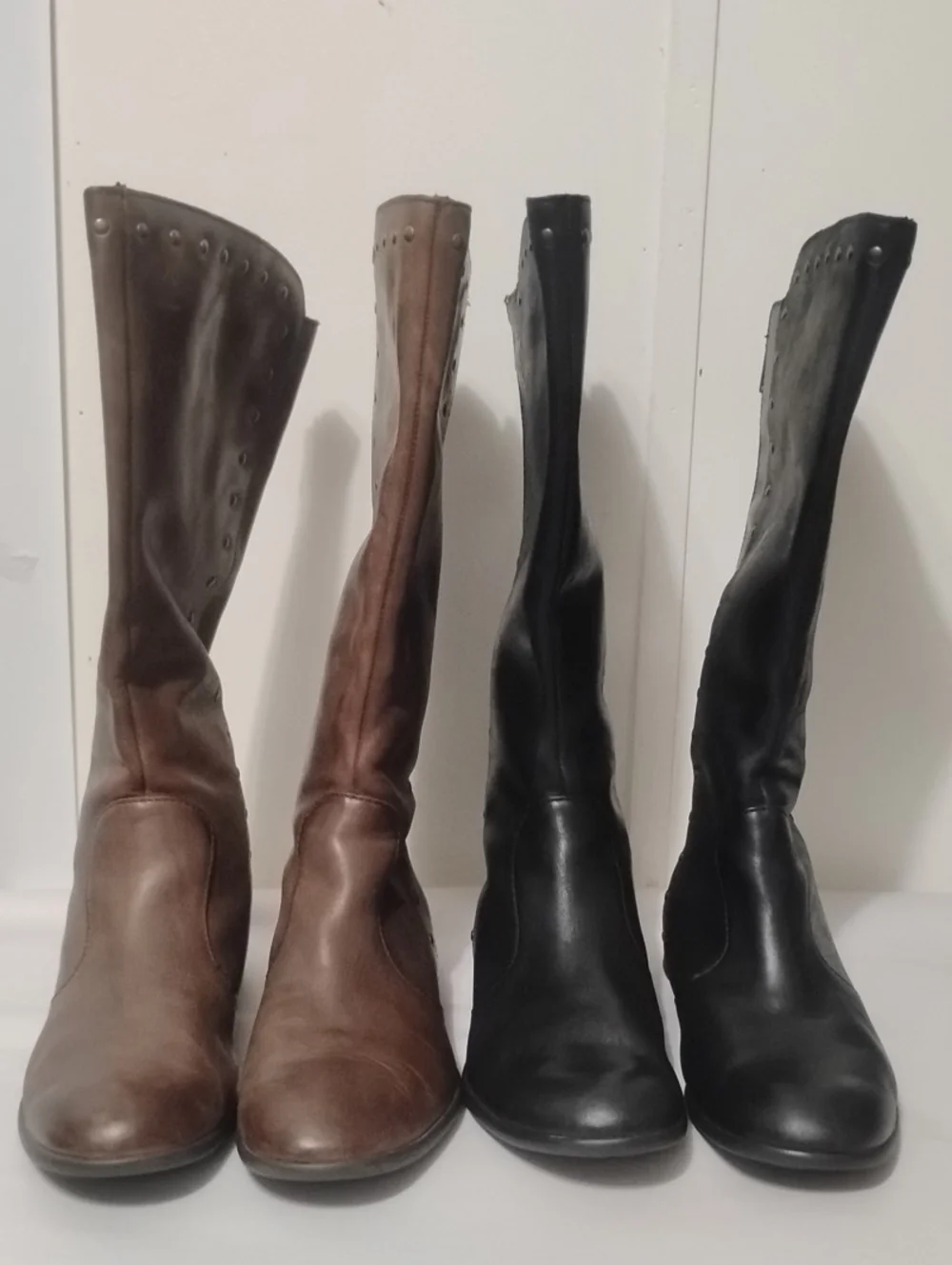 BORN Knee-high Leather Boots in (1) Brown and (1) Black Studded Riding Boot